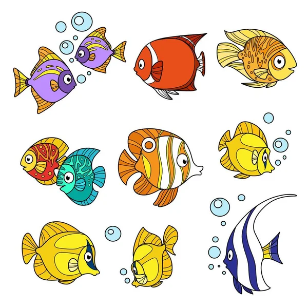 卡通海鱼的颜色及在白色背景上涂上颜色的轮廓 — 图库矢量图片