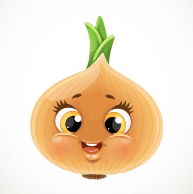 Beyaz arka planda izole edilmiş şirin küçük çizgi film emojisi altın soğanları.