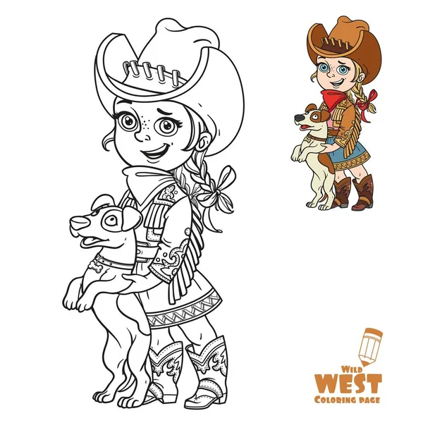 Cute Little Girl Cowboy Costume Playing Dog Coloring Page White — Stock Vector