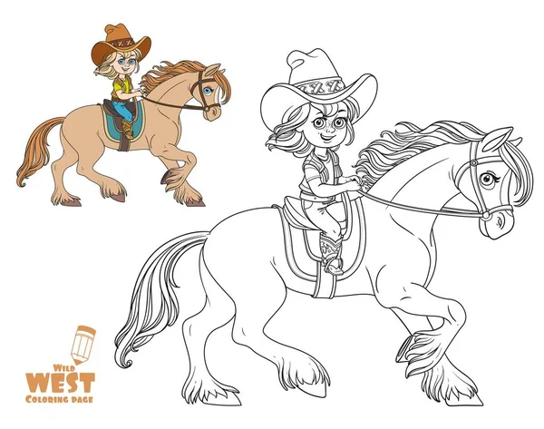 Menina Bonito Terno Cowboy Montando Uma Página Coloração Cavalo Fundo — Vetor de Stock