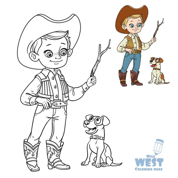 Netter Junge Cowboy Kostüm Spielt Mit Hund Malseite Auf Weißem — Stockvektor
