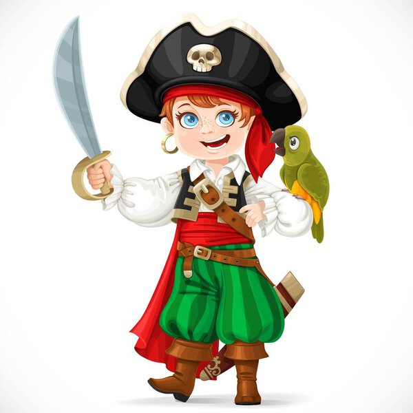 Cute boy dressed as pirate with saber holding green parrot on his hand isolated on a white background