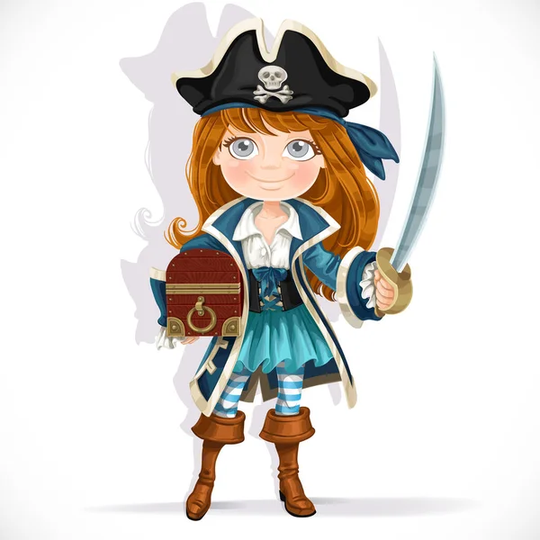 Petite Fille Pirate Mignonne Avec Coutelas Coffre Trésor Isolé Sur — Image vectorielle