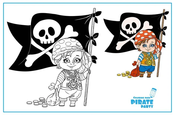 可愛いです漫画少年で海賊衣装を保持していますジョリー ロジャーとバッグのコイン色と輪郭白の背景に孤立 — ストックベクタ