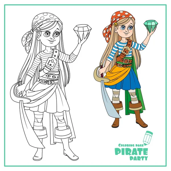 Menina Bonito Desenho Animado Traje Pirata Olhando Para Uma Enorme —  Vetores de Stock