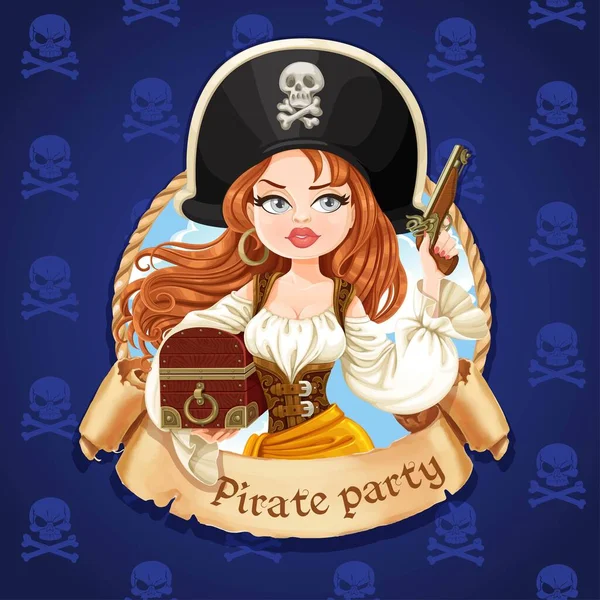 宝箱と銃を持つ美しい海賊少女 海賊党の旗 — ストックベクタ