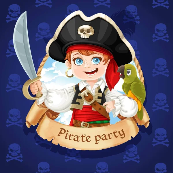 Маленький Піратський Хлопчик Зеленим Папугою Прапор Піратської Вечірки — стоковий вектор