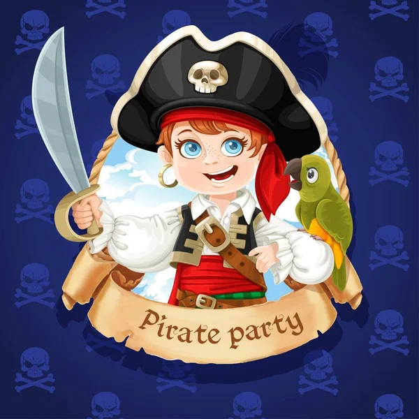 Rapaz Pirata Bonito Com Papagaio Verde Banner Para Festa Pirata — Vetor de Stock