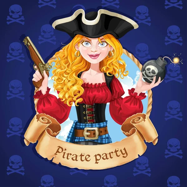 Belle Pirate Avec Bombe Bannière Pour Partie Pirate — Image vectorielle