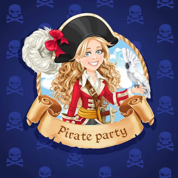 Menina Pirata Bonito Com Papagaio Banner Para Festa Pirata — Vetor de Stock