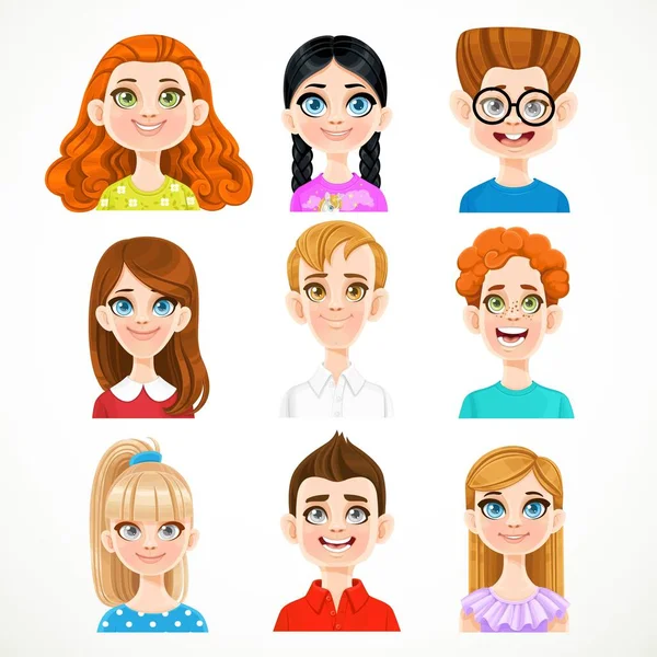 Cute Cartoon Boys Girls Portraits Avatars Isolated White Background — Stock Vector