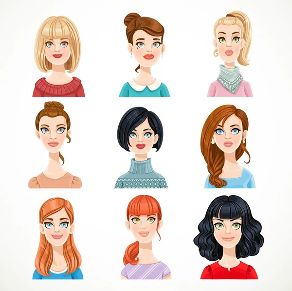 Conjunto Retratos Avatares Mujeres Lindas Aisladas Sobre Fondo Blanco — Vector de stock