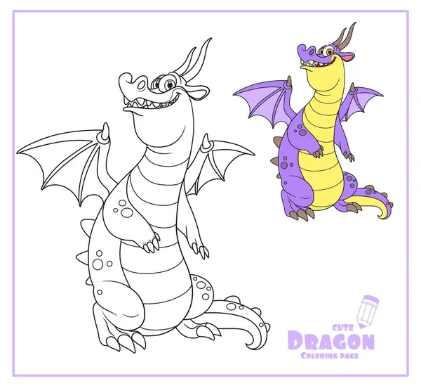 Dragón Alegre Con Alas Cuernos Color Contornos Para Colorear Aislado — Vector de stock