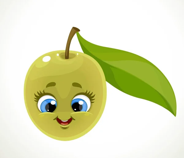 Carino Emoji Verde Oliva Con Foglia Isolata Sfondo Bianco — Vettoriale Stock