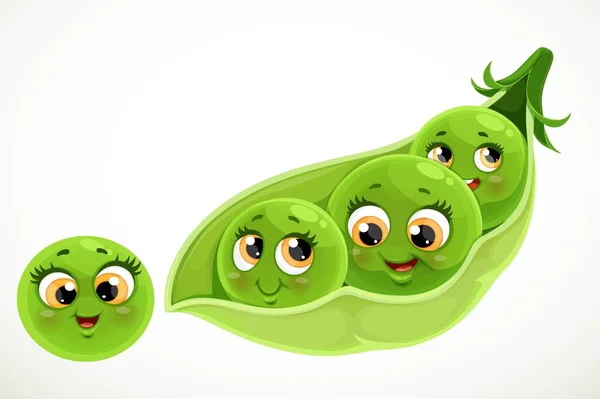 Cute Little Cartoon Emoji Green Peas Pod Isolated White Background — Stock Vector