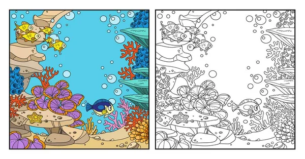 Mundo Subaquático Com Pedras Corais Peixes Algas Anêmonas Página Coloração — Vetor de Stock