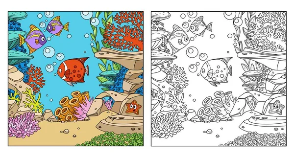 海底世界有珊瑚 可爱的海星和海葵的颜色 在白色背景下被隔离开来 — 图库矢量图片