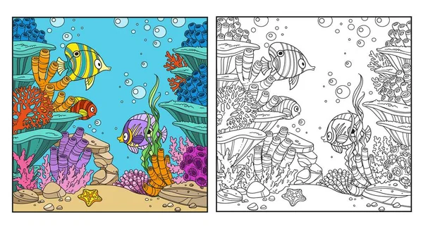 Podvodní Svět Korály Ryby Sasanky Zbarvení Stránky Izolované Bílém Pozadí — Stockový vektor