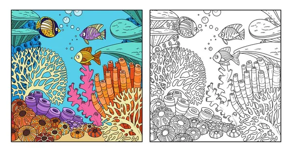Underwater World Corals Fish Color Outlined Coloring Page White Background — Stock Vector