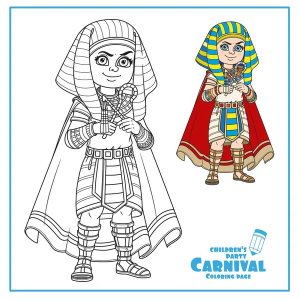 Cute Boy Egyptian Pharaoh Costume Color Outlined Coloring Page — Stock Vector