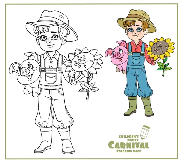 Roztomilý Chlapec Farmářské Kostým Prasečí Hračkou Slunečnice Barvě Rukou Obrys — Stockový vektor