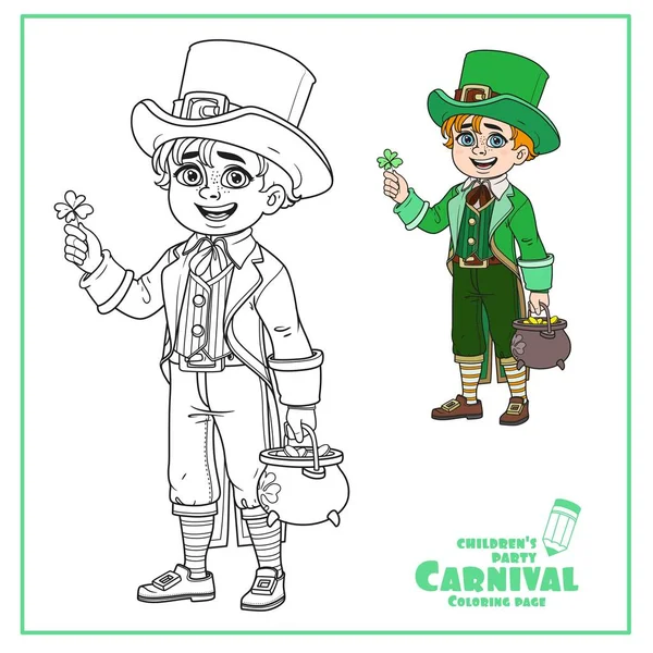 Cute Boy Leprechaun Costume Pot Gold Color Outlined Coloring Page — Stock Vector