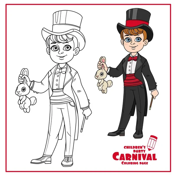 Cute Boy Magician Costume Hare Magic Wand Color Outlined Coloring — Stock Vector