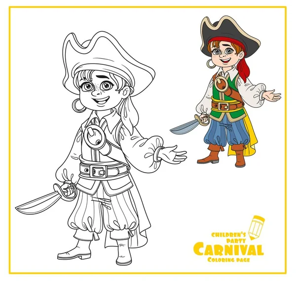 Roztomilý Chlapec Pirátské Barvě Kostýmu Obrys Pro Zbarvení Stránky — Stockový vektor