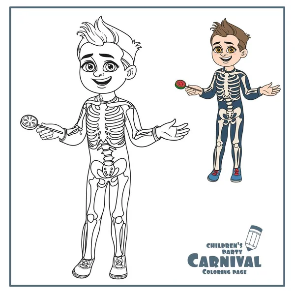Söt Pojke Skelett Kostym Färg Och Beskrivs För Färgläggning Sida — Stock vektor