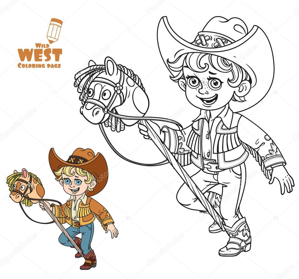 Cute little boy playing with a horse on a stick coloring page on a white background