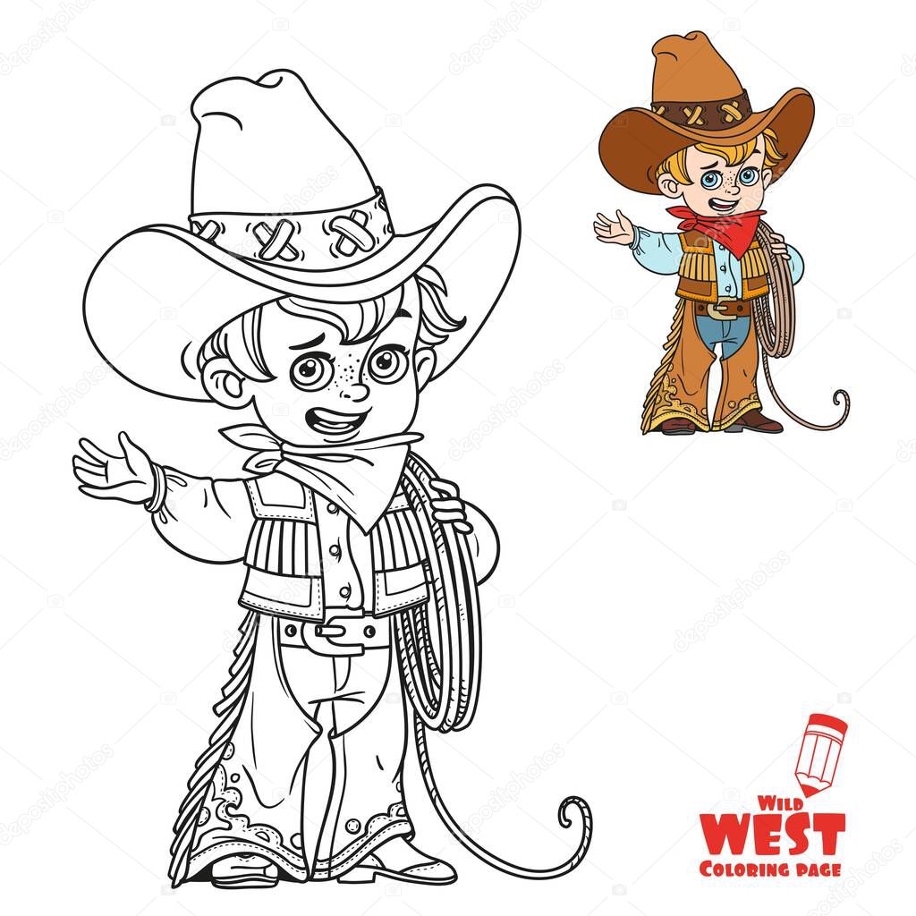Cute little boy holds the lasso and points to the side coloring page on a white background