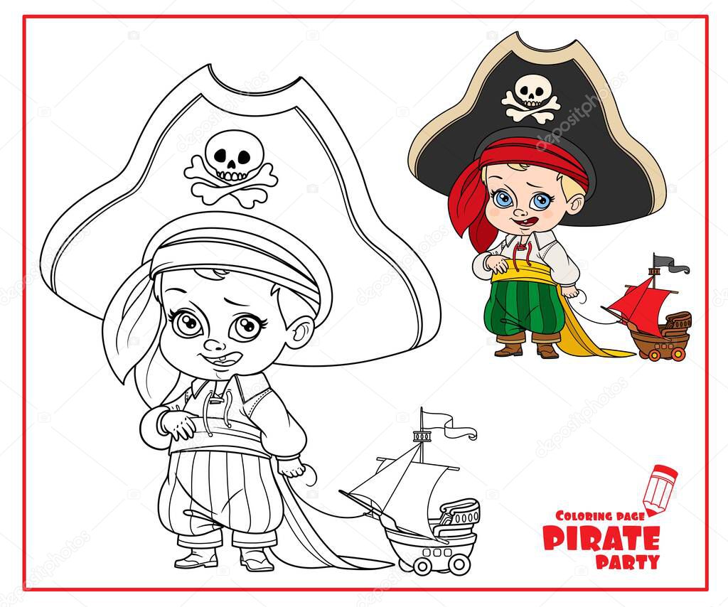 Cute cartoon boy in pirate costume and huge hat holding a ship model on rope color and outlined isolated on white background