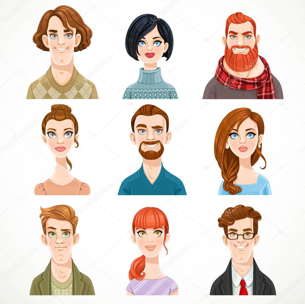 Set of portraits of avatars of cute men and women isolated on a white background