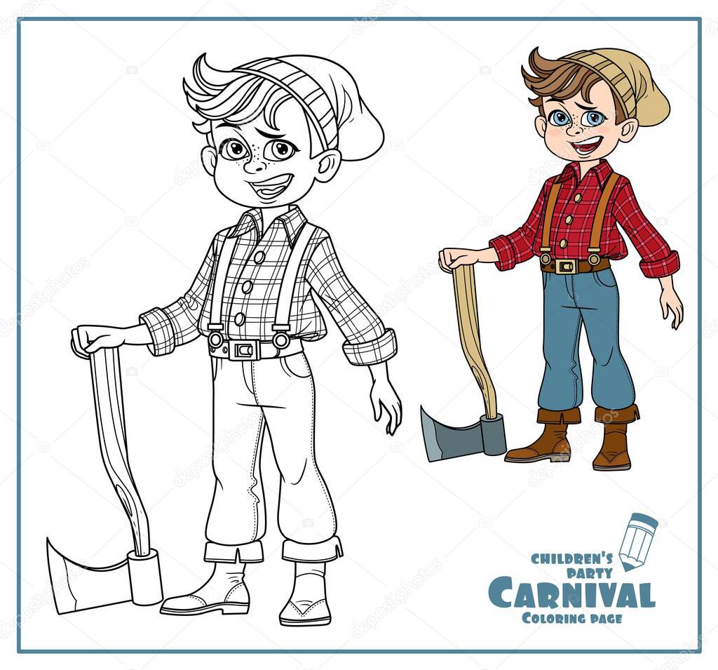 Cute boy in a lumberjack suit with an ax color and outlined for coloring page
