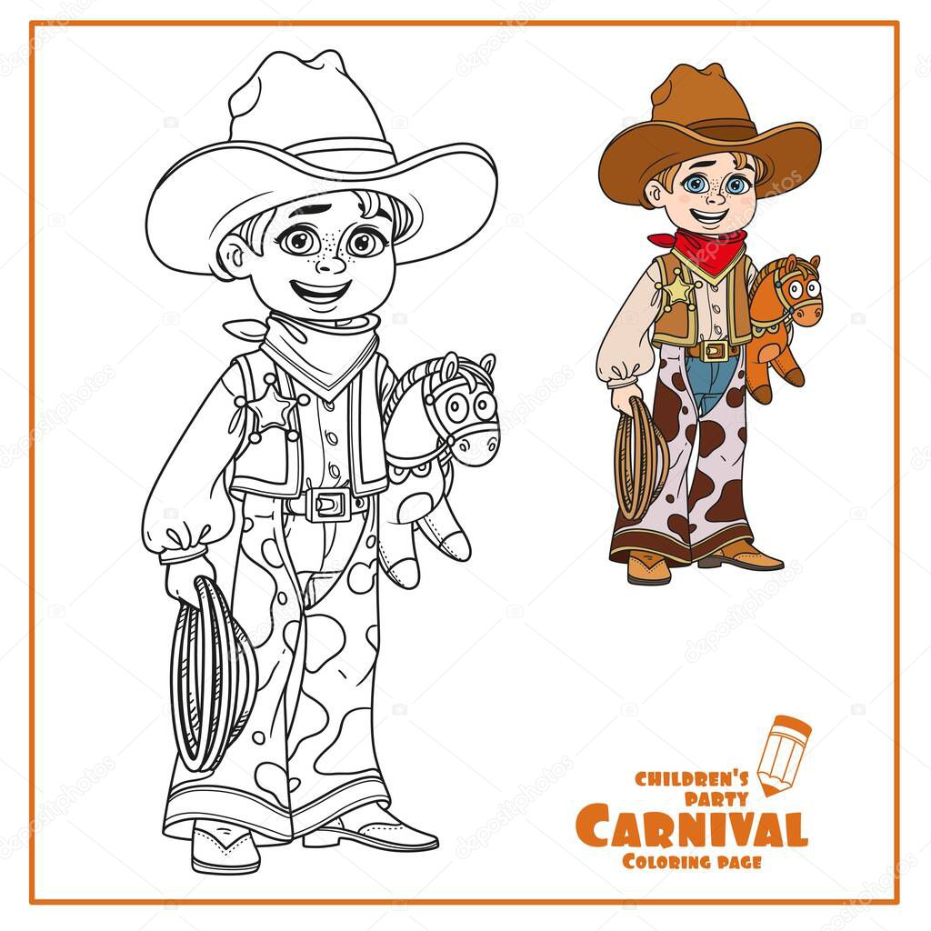 Cute boy in cowboy costume color and outlined for coloring page