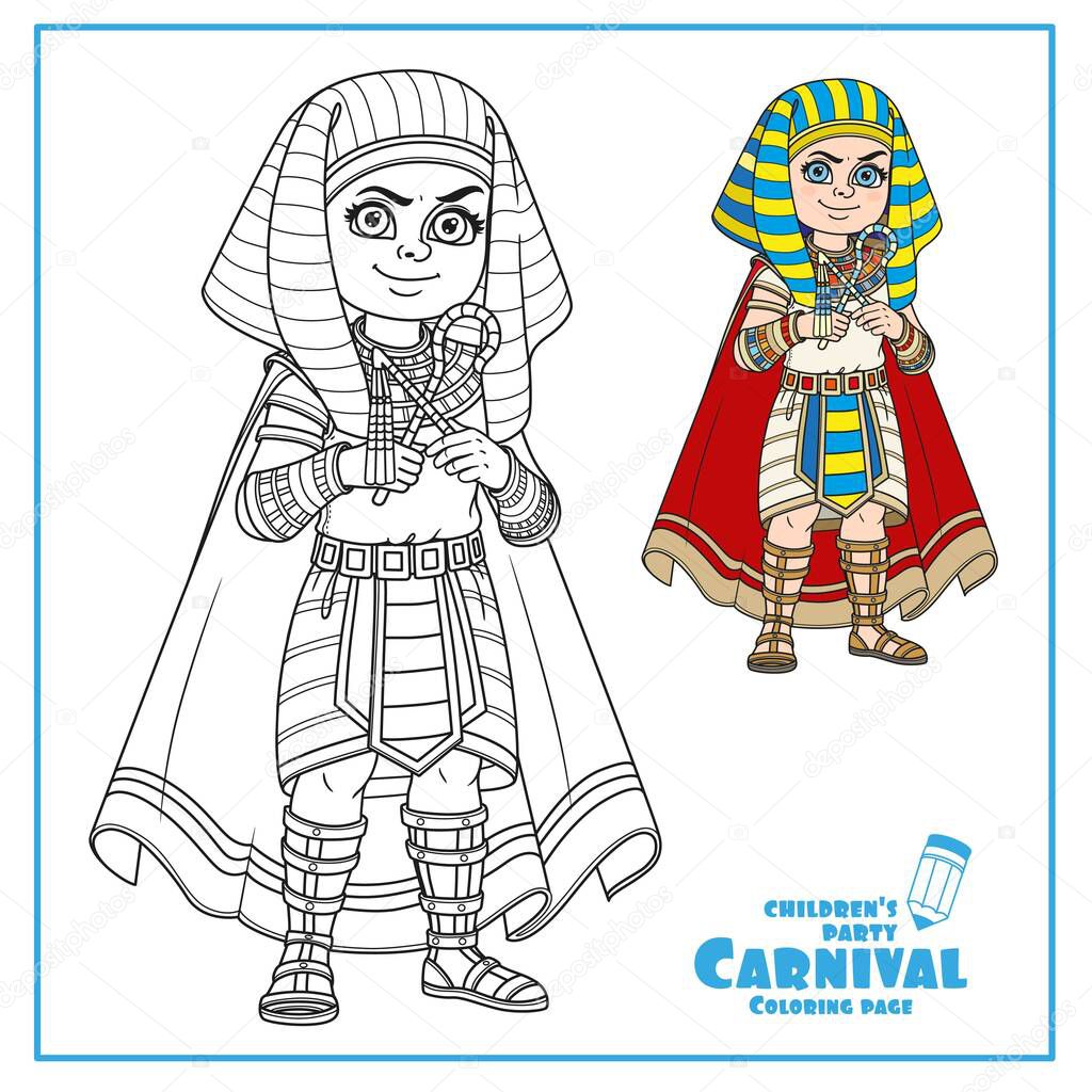 Cute boy in Egyptian Pharaoh costume color and outlined for coloring page