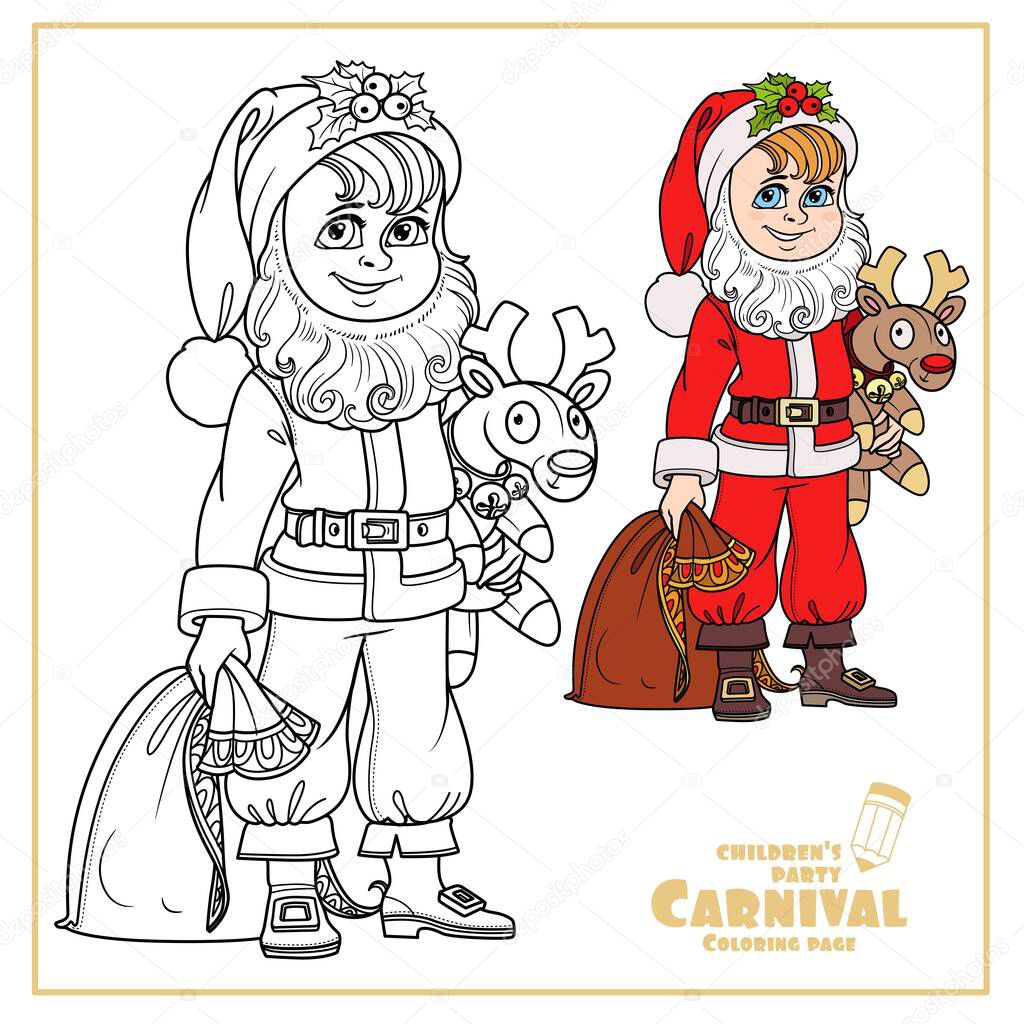 Cute boy in Santa costume with a bag of gifts and plush deer color and outlined for coloring page