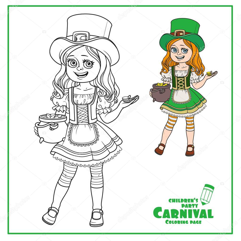 Cute girl  in leprechaun costume with a pot of gold color and outlined for coloring page