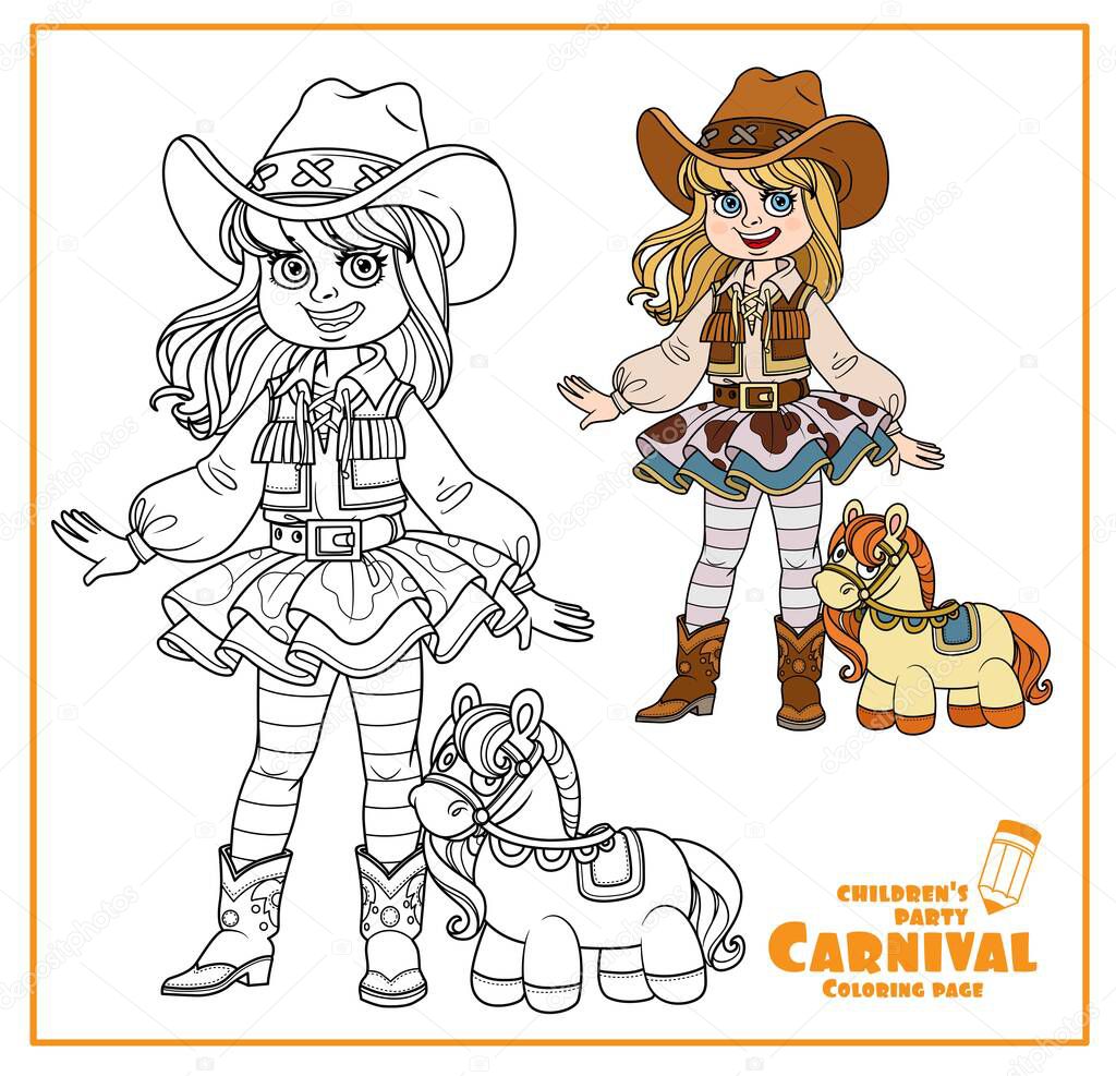 Cute girl in a cowboy carnival costume and with plush horse toy color and outlined for coloring page