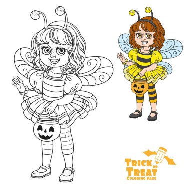 Cute girl in bee costume holding a pumpkin bag for sweets  trick or treat color and outlined for coloring page clipart