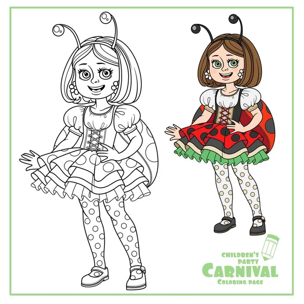 Cute Girl Carnival Costume Ladybug Color Outlined Coloring Page — Stock Vector