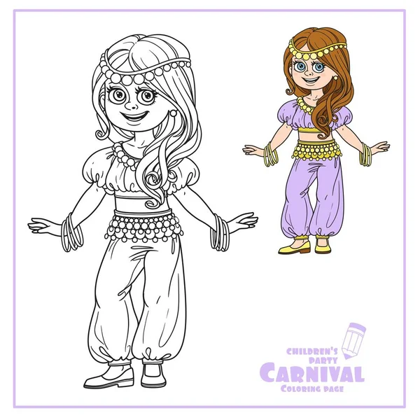 Cute Girl Eastern Dancer Costume Color Outlined Coloring Page — Stock Vector
