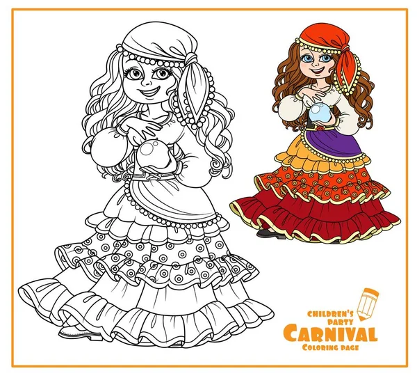 Χαριτωμένο Κορίτσι Τσιγγάνων Καρναβάλι Κοστούμι Μια Μπάλα Μαντείας Στο Χέρι — Διανυσματικό Αρχείο