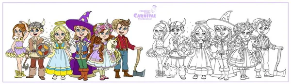 Niños Trajes Carnaval Del Unicornio Bailarina Mago Vikingo Ángel Leñador — Archivo Imágenes Vectoriales