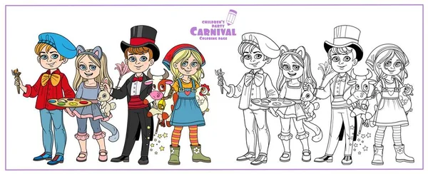 Děti Karnevalových Kostýmech Umělce Kouzelníka Kočky Farmářky Dívčí Barvy Obrys — Stockový vektor