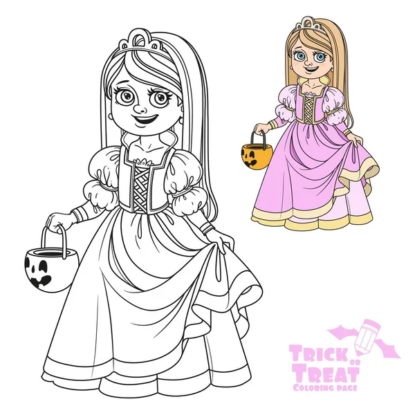 可愛い女の子で姫の衣装を保持するカボチャの袋のためのお菓子のトリックや治療色と着色ページのために概説 — ストックベクタ