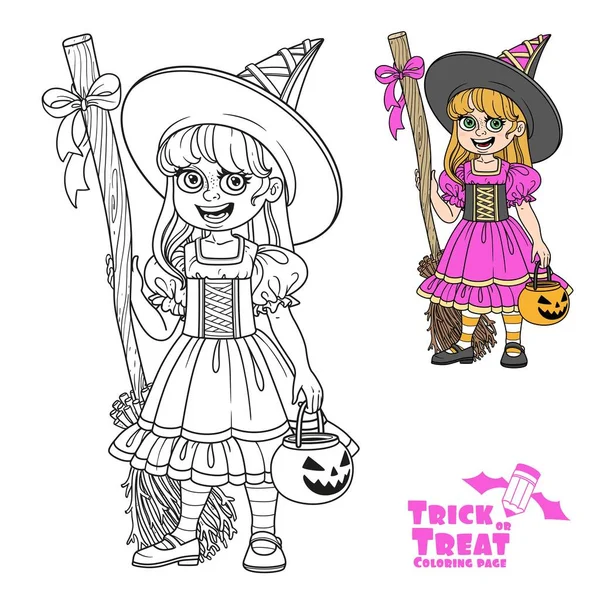 Cute Girl Witch Costume Holding Pumpkin Bag Sweets Trick Treat — Stock Vector