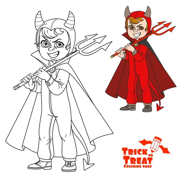 Cute Boy Overalls Devil Costume Trident His Hand Trick Treat — Stock Vector