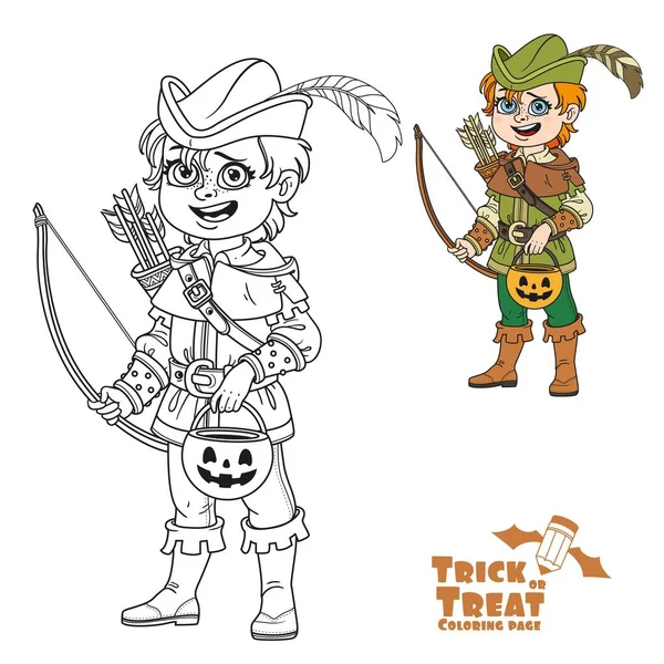 Roztomilý Chlapec Kostýmu Robina Hooda Dýňovým Sáčkem Sladkosti Trik Nebo — Stockový vektor