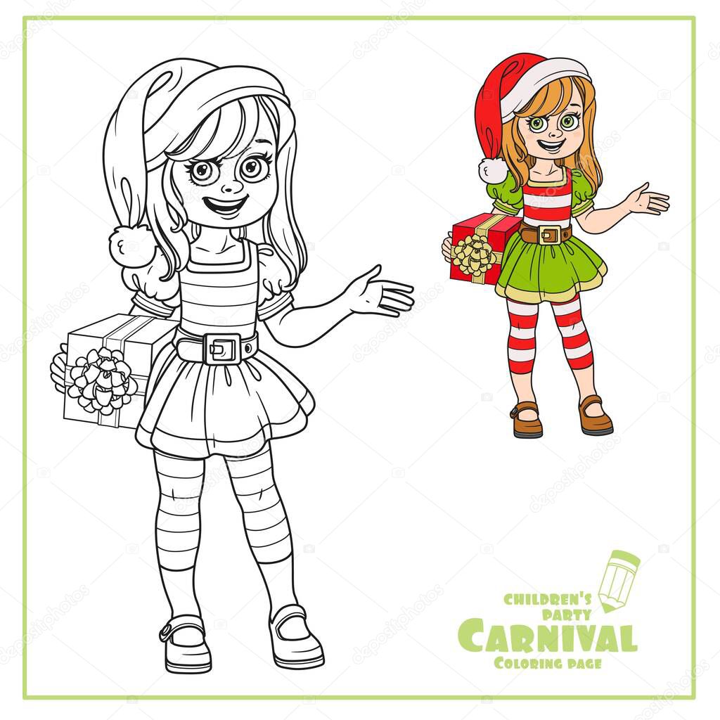 Cute girl in elf Santa's assistant costume color and outlined for coloring page